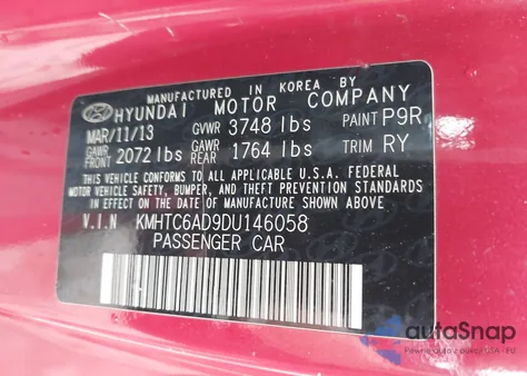 2013 Hyundai Veloster Base W/Black from USA, damaged, VIN KMHTC6AD9DU146058